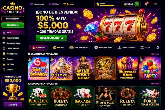 Página principal del casino online con tragamonedas, juegos de mesa y promociones para jugadores en Chile.